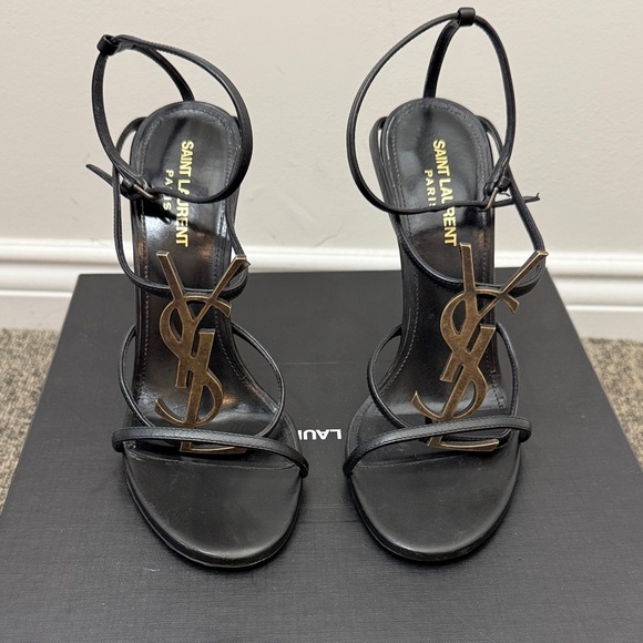 Saint Laurent Shoes - Saint Laurent CASSANDRA Black Strappy Heeled Sandals with Gold YSL size 38.5